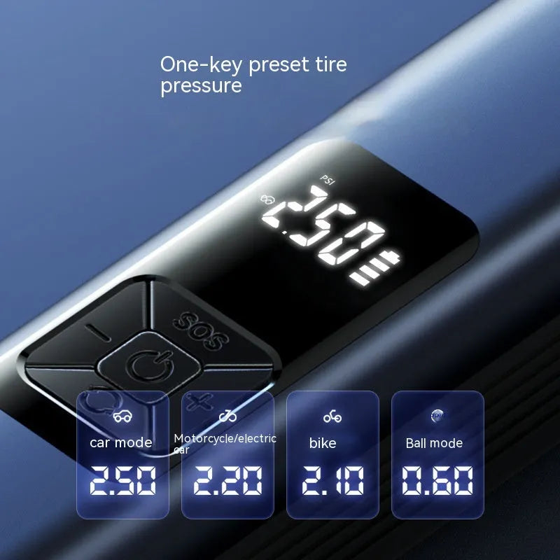 Wireless digital display car air pump and vacuum cleaner with emergency light functions.