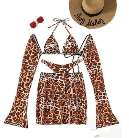 Leopard print bikini swimsuit set with matching top and briefs