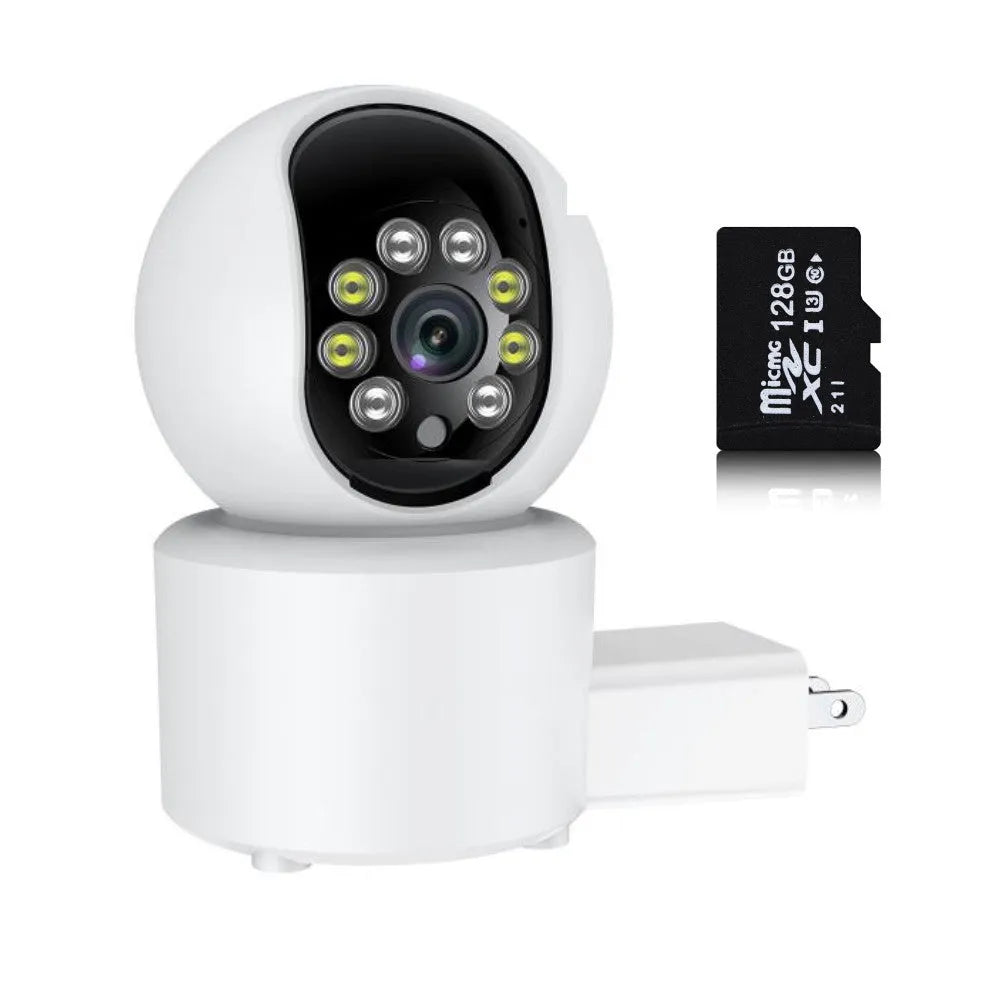 White wireless indoor security camera with 360-degree rotation capability on stand