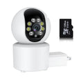 White wireless indoor security camera with 360-degree rotation capability on stand