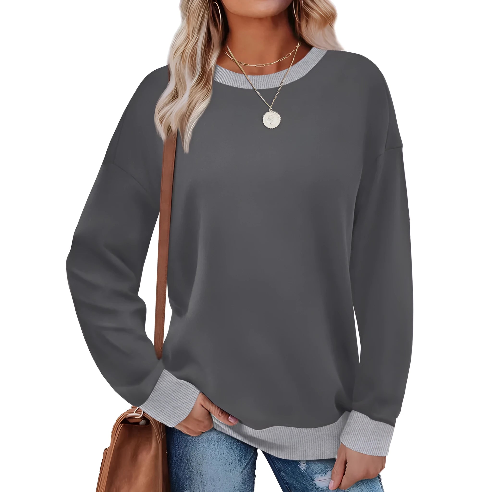 Women's loose striped long sleeve top in apricot colour on hanger