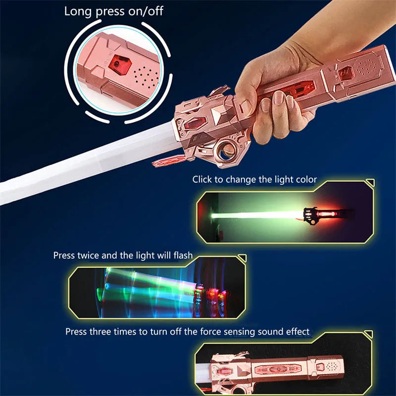 7 colour RGB retractable laser sword lightsaber toy with frosted handle on a dark background