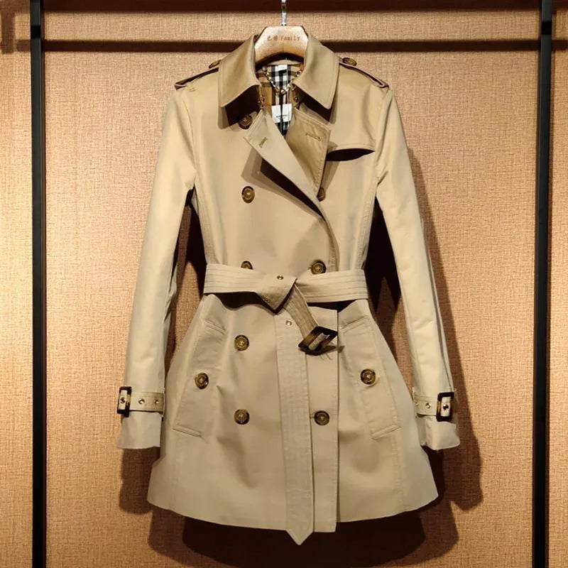 Women's khaki trench coat with double-breasted buttons and flight sleeves