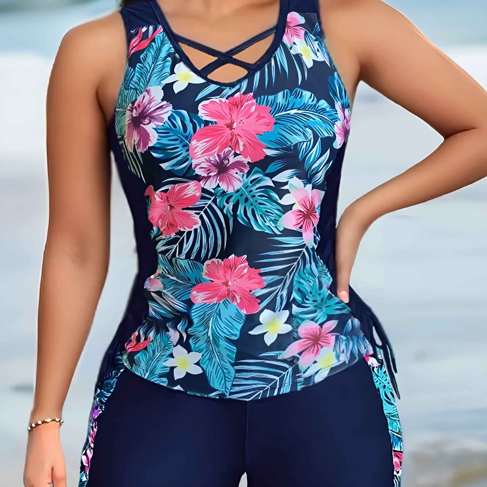 Plus size women's floral print swimsuit bikini with high waist briefs in navy blue.