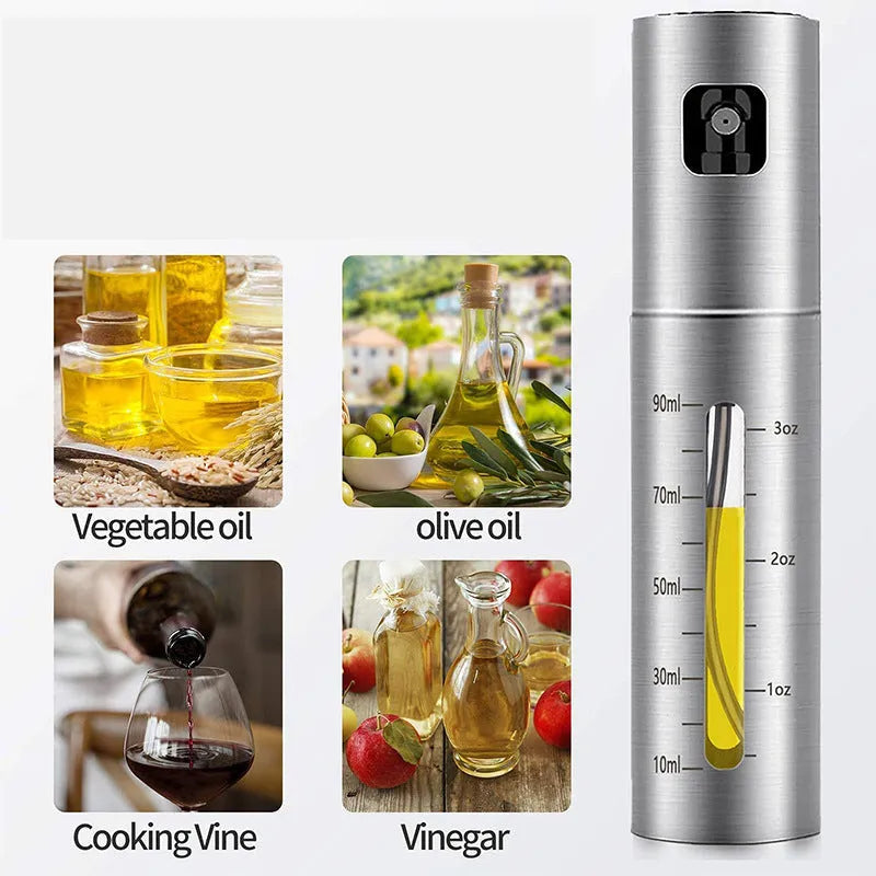 Stainless steel press spray oil injection bottle with glass body and 100ml capacity on kitchen countertop