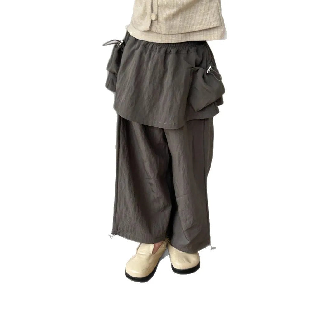Girls' loose casual trousers with fart curtain, solid colour apricot, mid waist, chemical fibre blend, for heights 90-150cm
