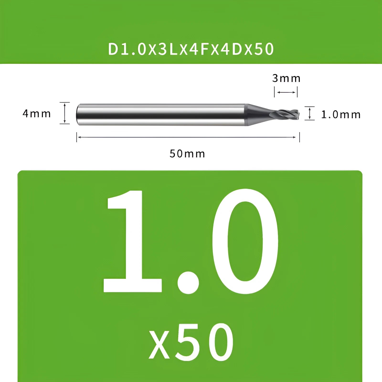 Tungsten steel 4-blade end mill with 35° helix angle showing cutting edges and dimensional specifications
