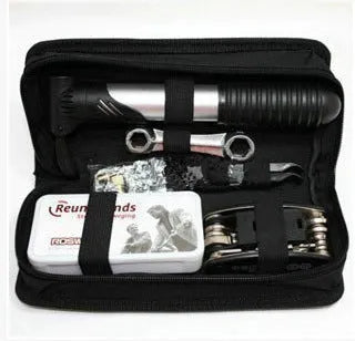 SNJUE black bicycle repair tool kit with chrome-plated socket wrenches, Allen keys, tyre films and mini pump