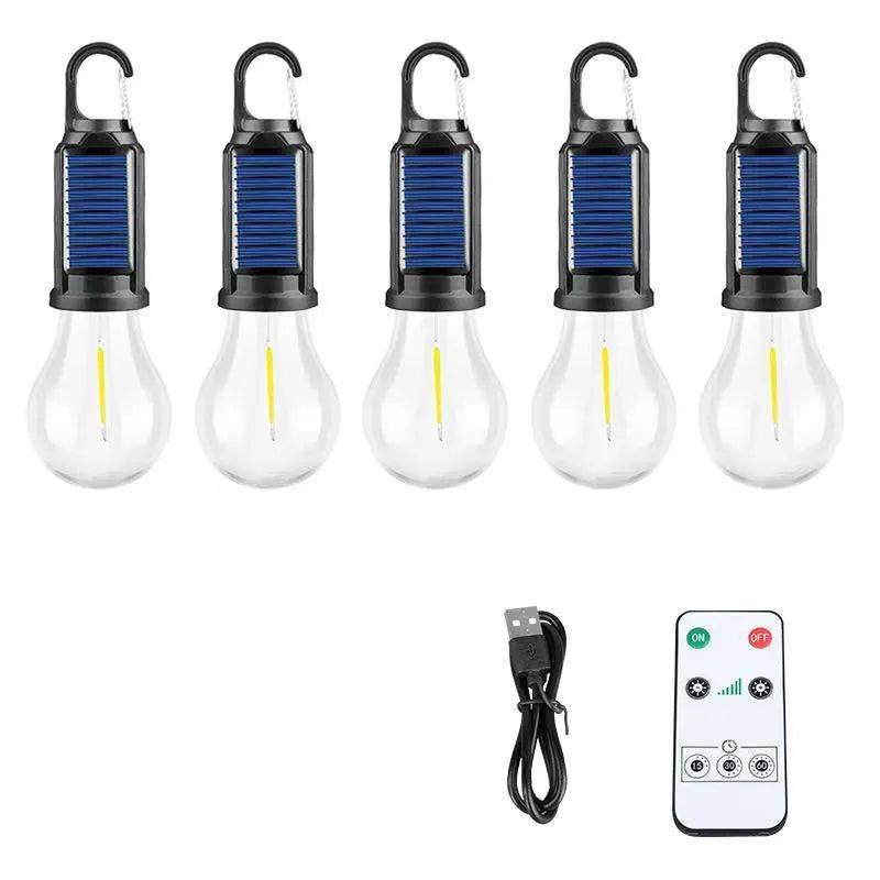 Five solar-powered lantern-style outdoor light bulbs with ABS plastic construction