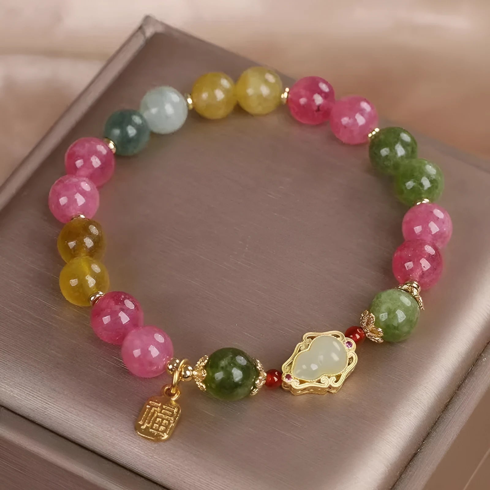 Colourful tourmaline gourd blessing card bracelet for women with flower shape and mixed materials