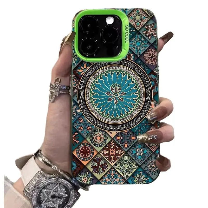 Ethnic pattern hard PC phone case for iPhone with matte anti-slip finish in silver colour