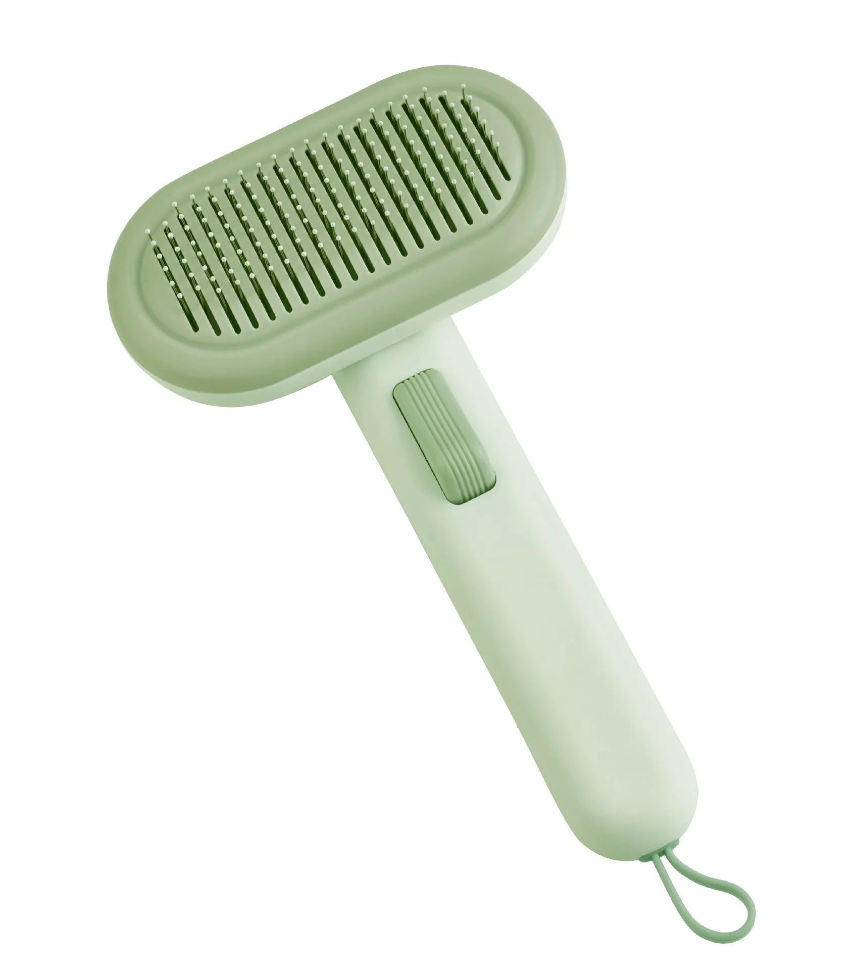 Large pet grooming comb in light grey with stainless steel blades and a one-click cleaning button