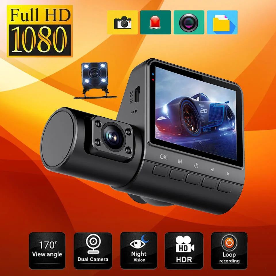 Black 1080P car dash cam with touch screen and wide-angle lens for vehicle recording