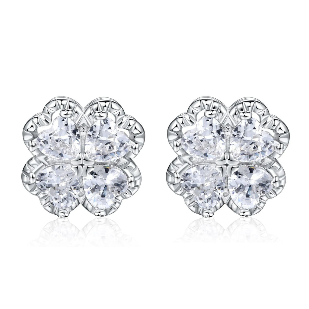 Women's zircon earrings with heart-shaped four-leaf clover design in 925 sterling silver with white gold colour finish