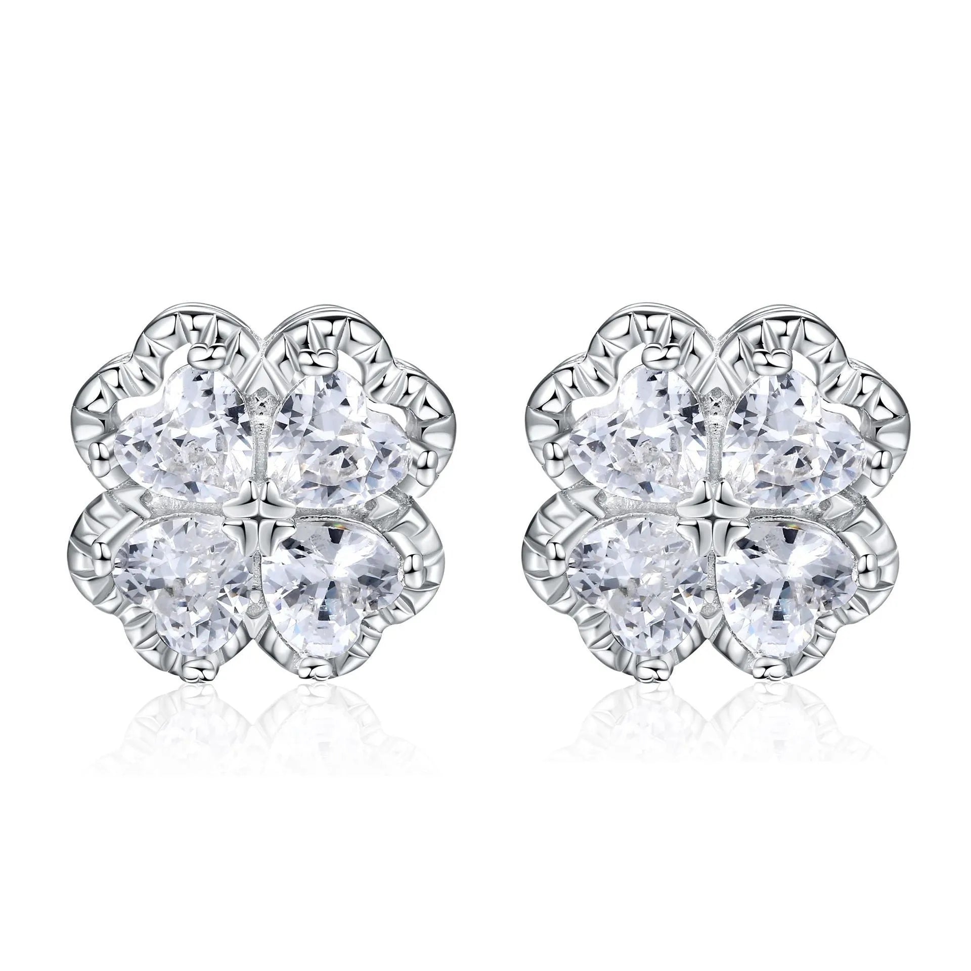 Women's zircon earrings with heart-shaped four-leaf clover design in 925 sterling silver with white gold colour finish