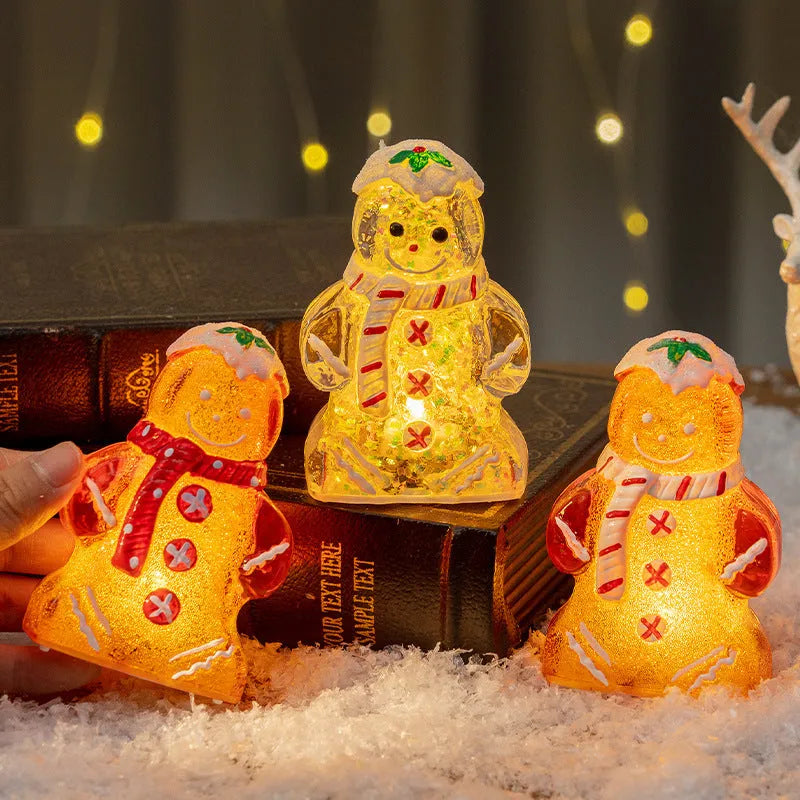 Glowing plastic gingerbread man snowman Christmas ornament with a choice of scarf colours