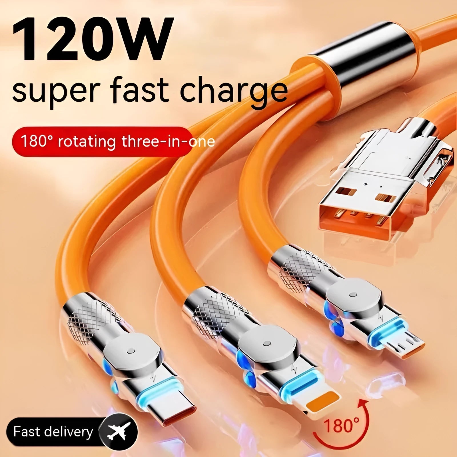 Zinc alloy rotating three-in-one data cable with light and elbow USB design, orange colour, on a white background