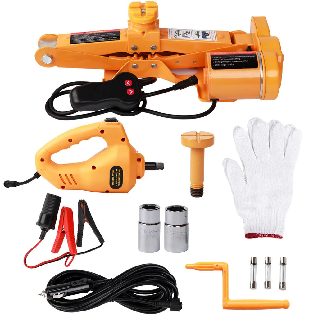 Yellow steel car jack set with electric wrench for automotive tyre changes