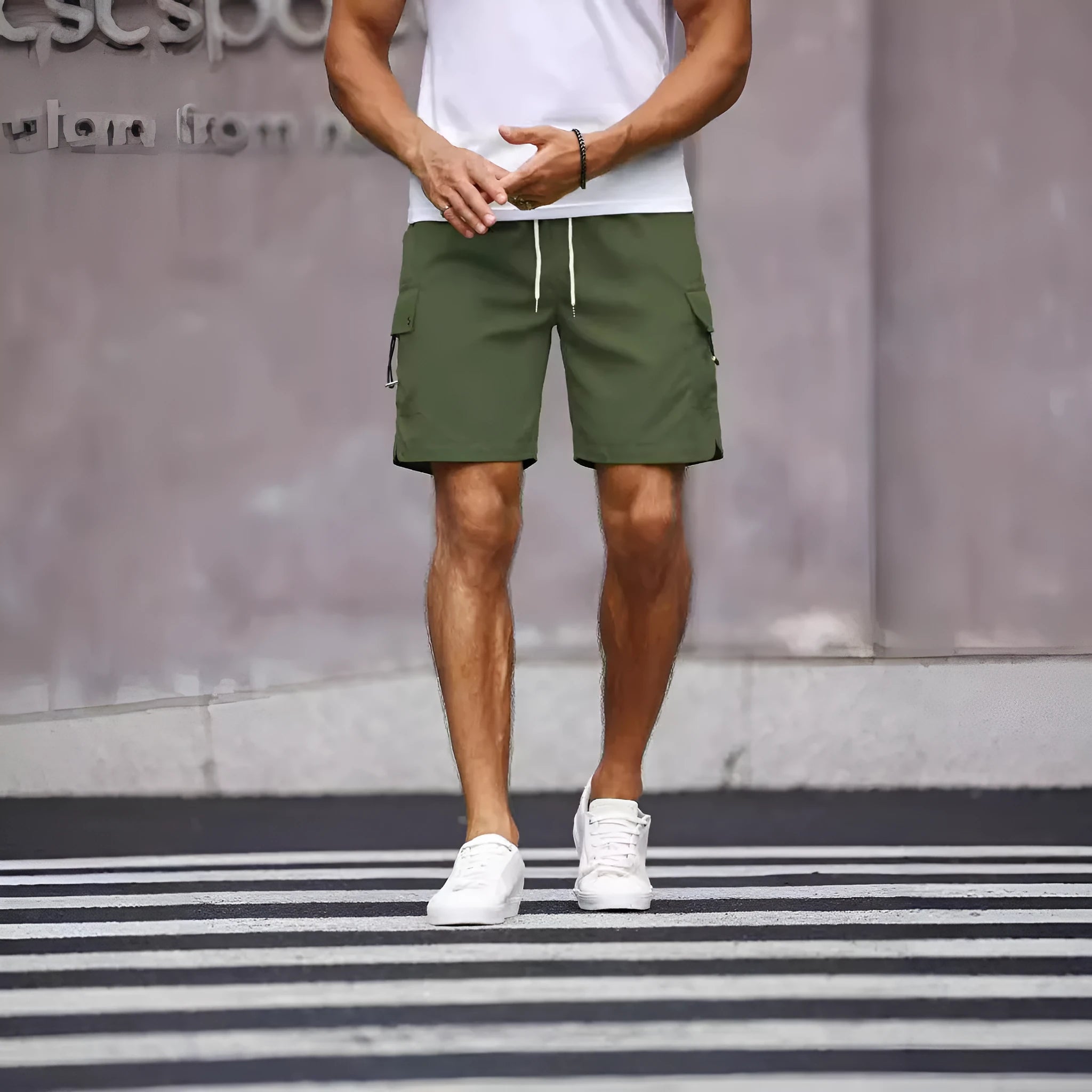 Men's loose fit workwear shorts in fluorescent green and army green colours with straight cut and fifth pants length
