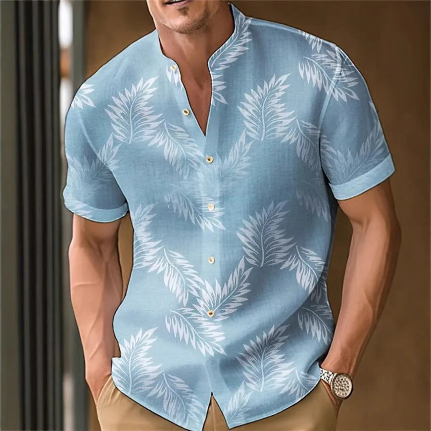Men's printed casual polyester shirt shown in multiple colour options