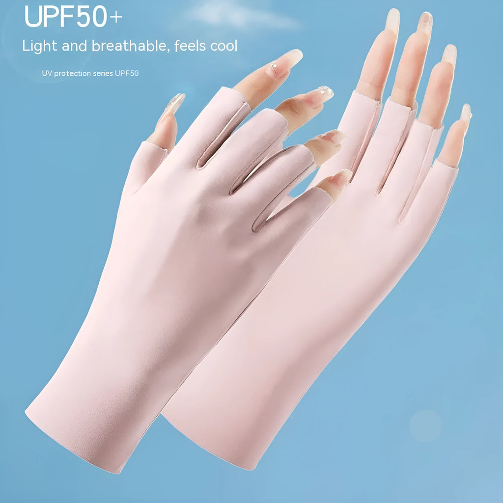 Women's UPF50+ ice silk sunscreen gloves in multiple colour options including splicing patterns