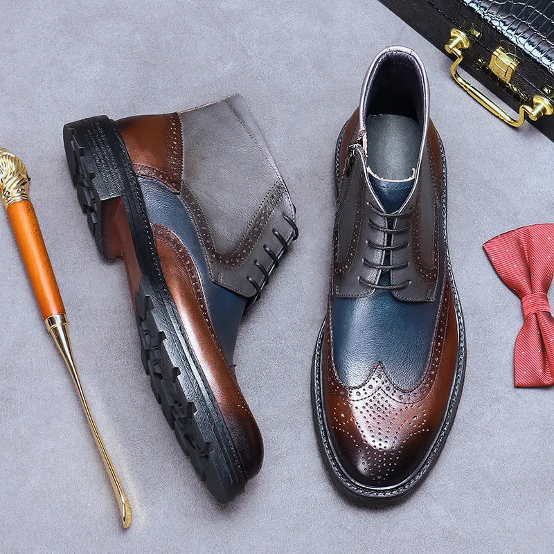 Men's curry blue leather brogue boots with decorative stitching and front lacing.