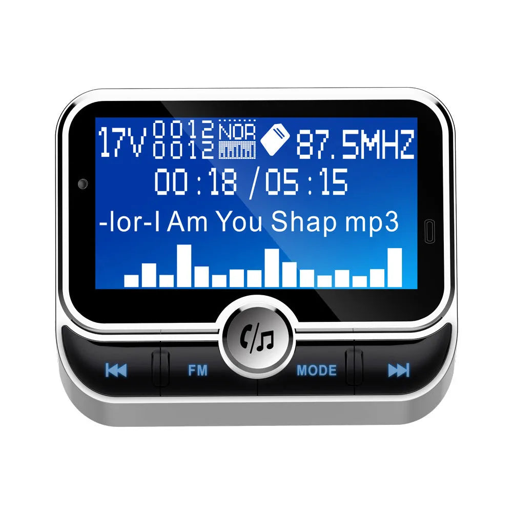 Silver car MP3 player with LCD display, Bluetooth, USB charging, and TF card slot