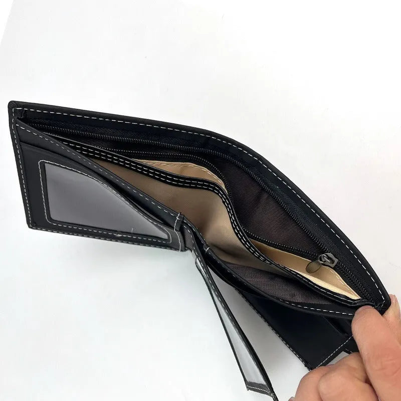 Black animal print men's wallet with a silver zip and multiple card slots.