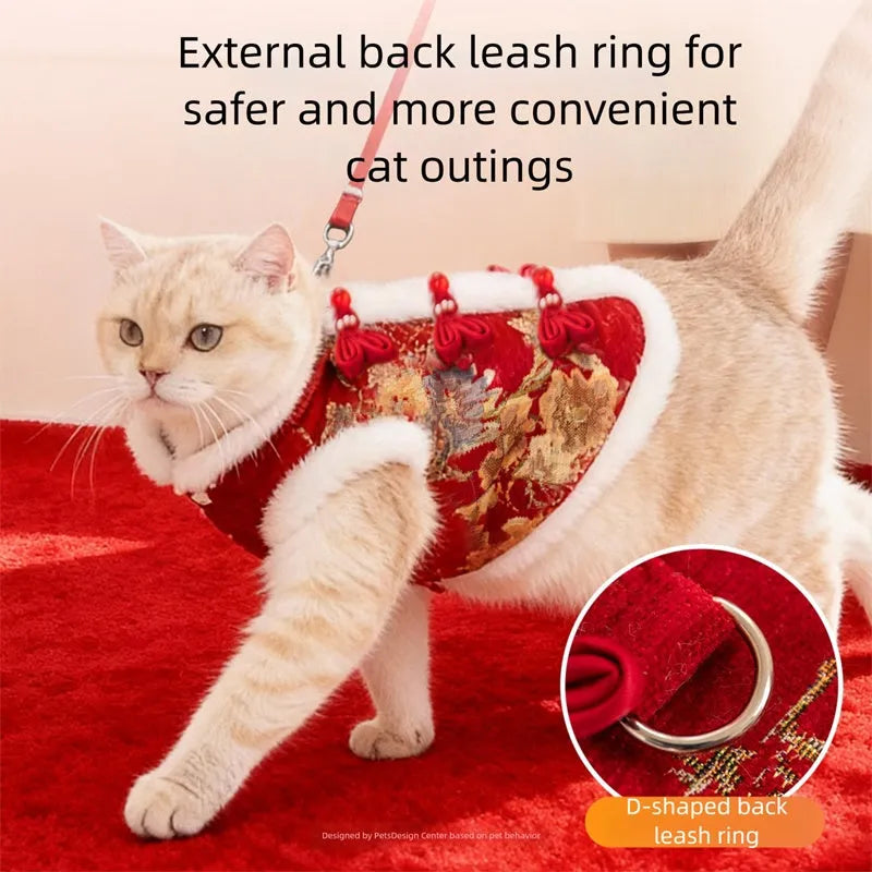 Red brocade pet vest with Chinese knot buttons and faux fur trim for Lunar New Year