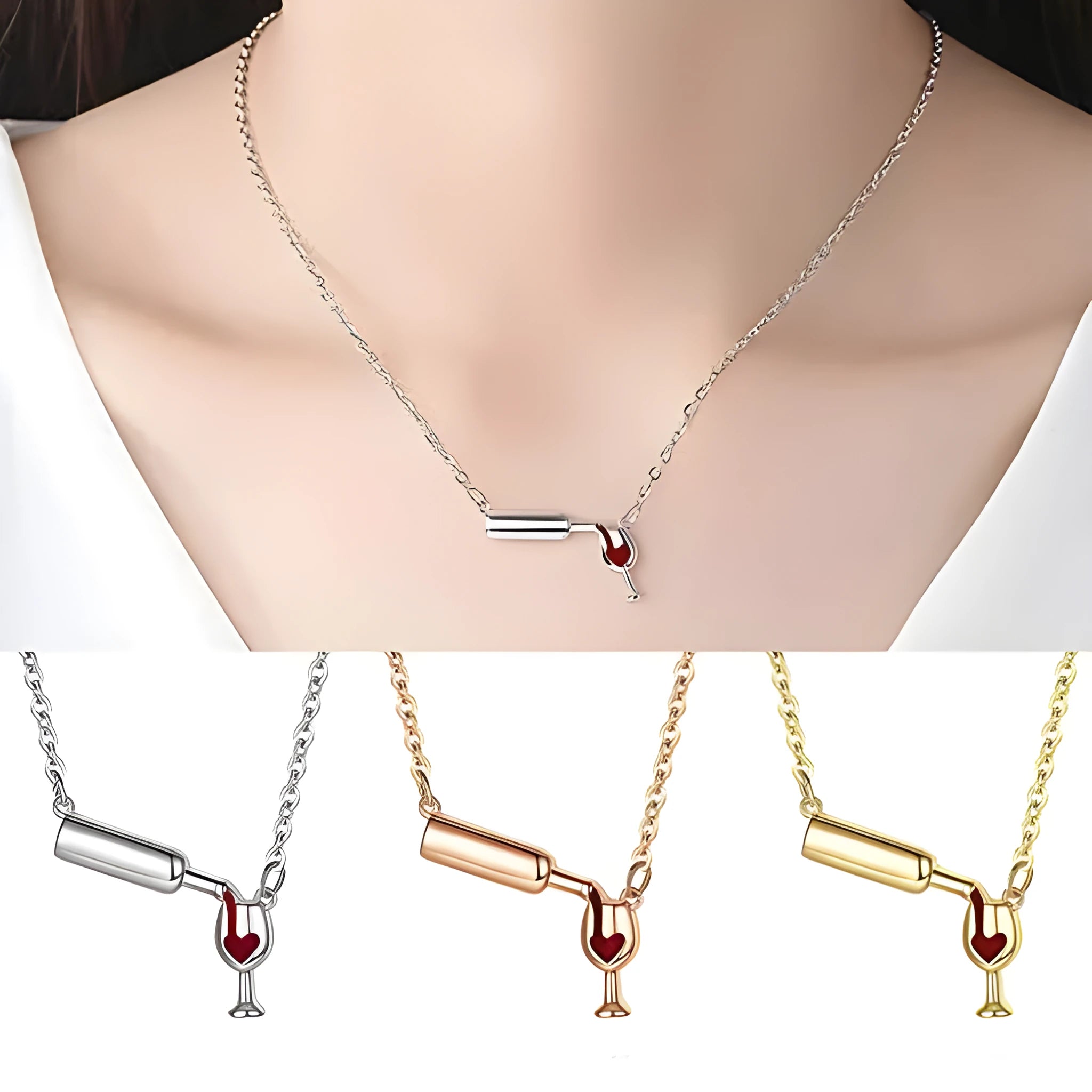 Wine bottle and cup pendant necklace with red enamel heart on gold chain