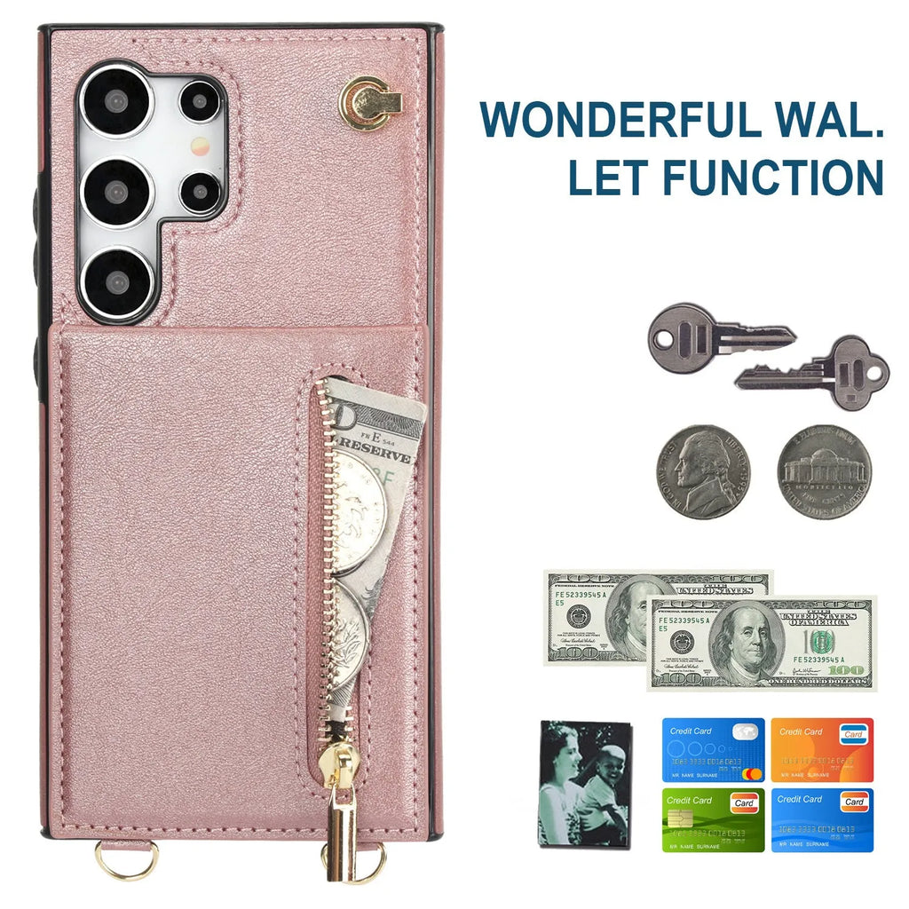 Black Samsung phone case with card slot, flip-out stand, and attached crossbody strap