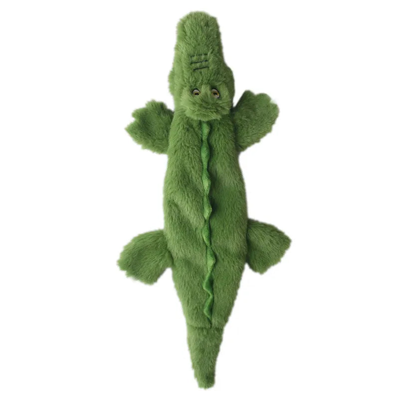 Green plush crocodile dog toy with no stuffing, squeaker in head, crinkle paper in tail, for aggressive chewers