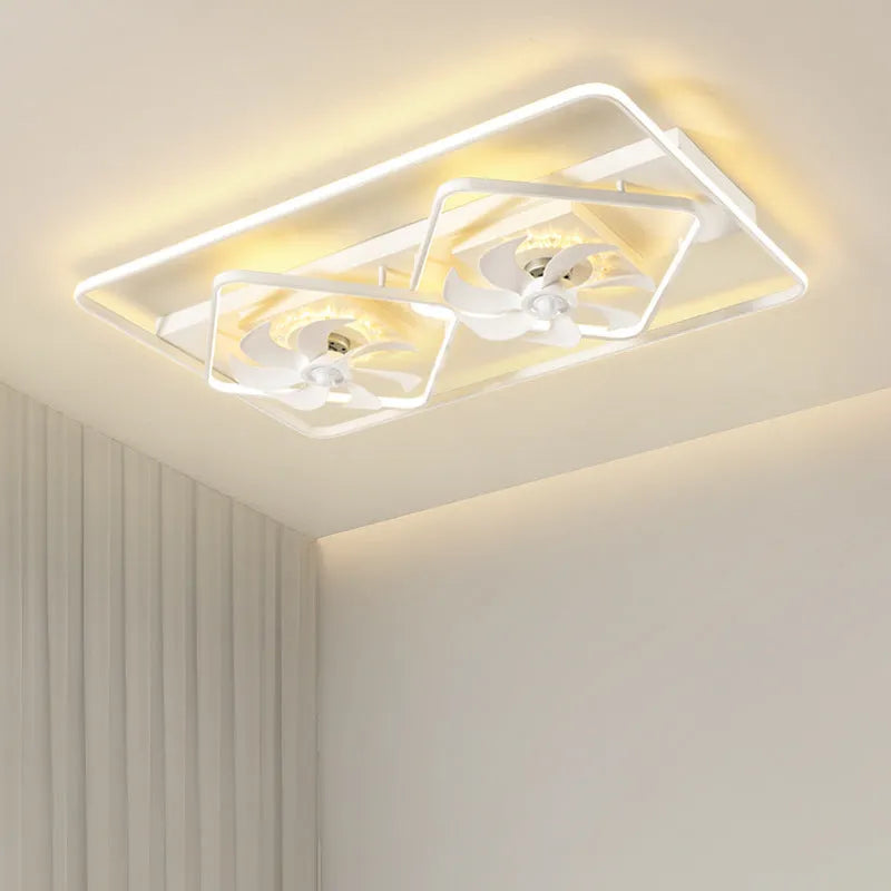 Modern thin suction ceiling fan lamp with acrylic light shade and plastic blades mounted on a white ceiling.