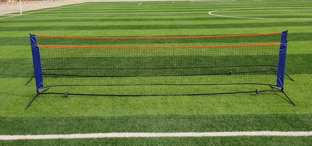 Portable folding badminton bracket support frame and net in four available sizes.