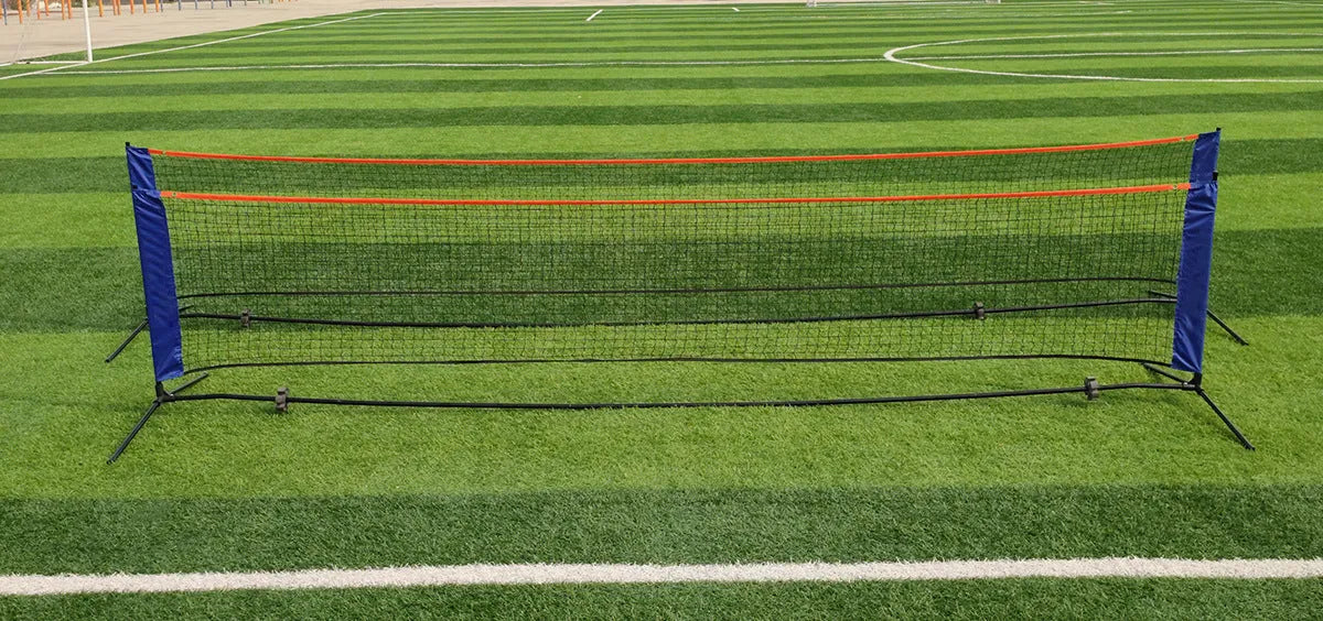 Portable folding badminton bracket support frame and net in four available sizes.
