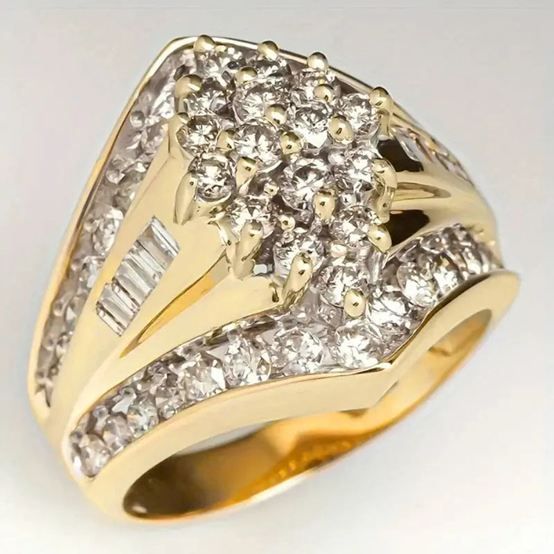 Gold electroplated copper geometric palace style ring shown in sizes 6 to 10