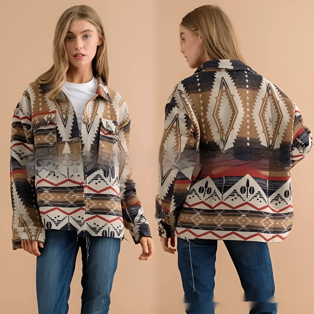 Women's loose fit retro jacket with Aztec print in wool blend fabric, shown in Army Green colour.
