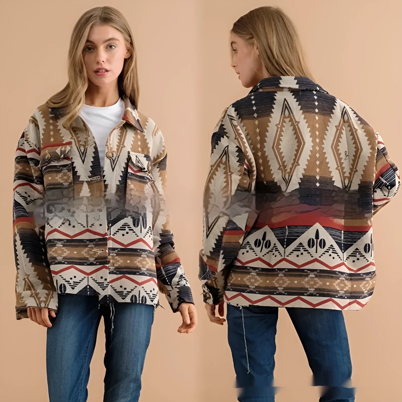 Women's loose fit retro jacket with Aztec print in wool blend fabric, shown in Army Green colour.