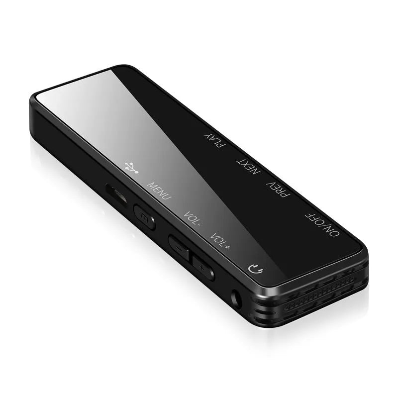Black zinc alloy USB voice recorder and MP3 player showing LCD screen and compact size.