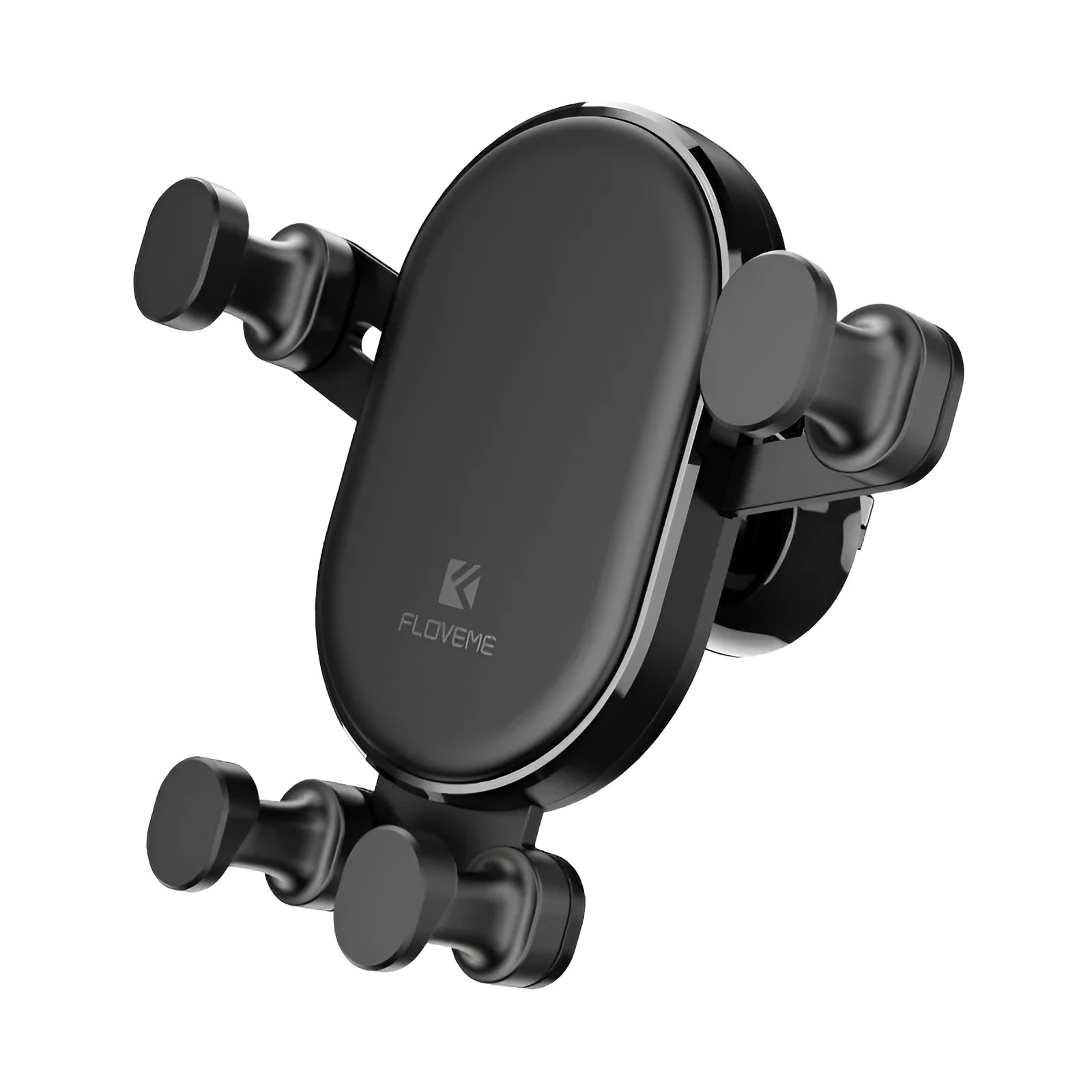 Black car mobile phone holder with gravity bracket mounted in vehicle air vent showing 360-degree rotation