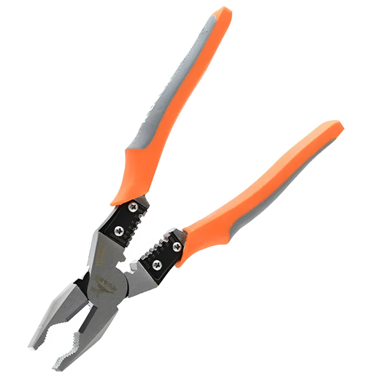 Orange multi-function wire cutter pliers with chrome steel head and plastic grip.