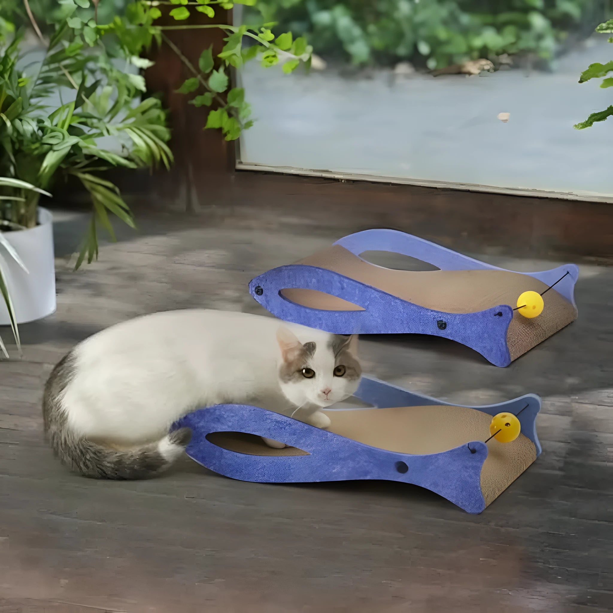 Blue fish-shaped cardboard cat scratcher with attached bell toys on an elastic cord.