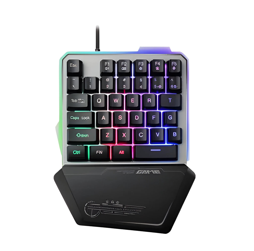 Black Robotic G40 Flow one-handed mechanical keyboard with RGB backlit keys on a desk.