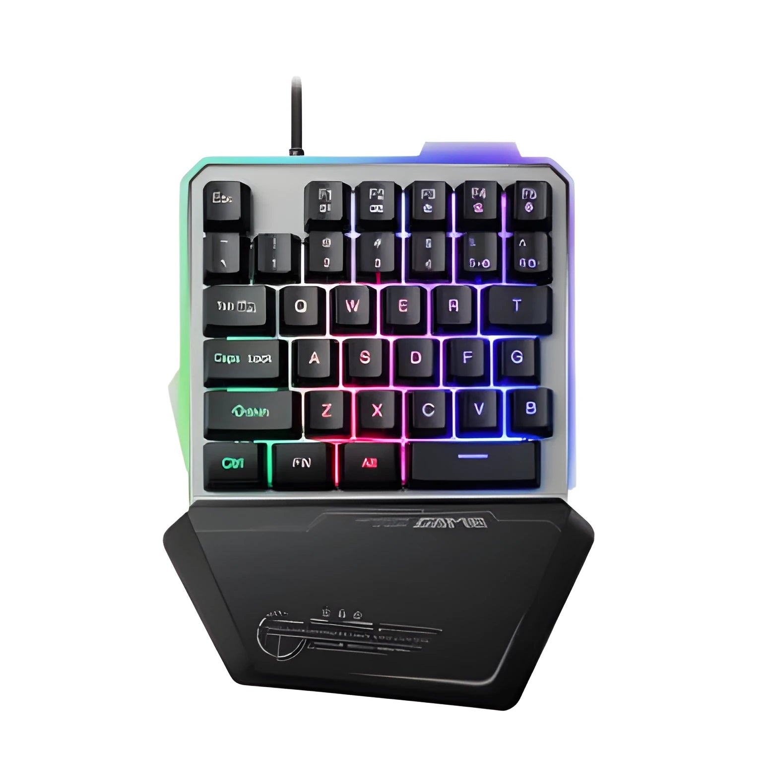 Black Robotic G40 Flow one-handed mechanical keyboard with RGB backlit keys on a desk.