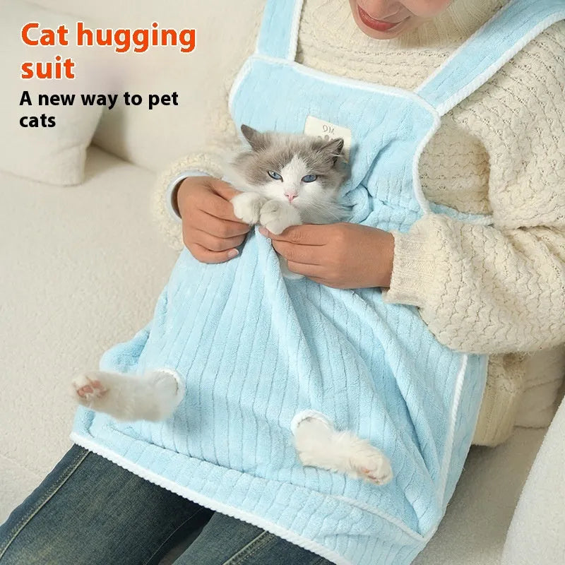 Cat petting apron in cloth material showing colour options including pink, light blue, light purple and striped patterns