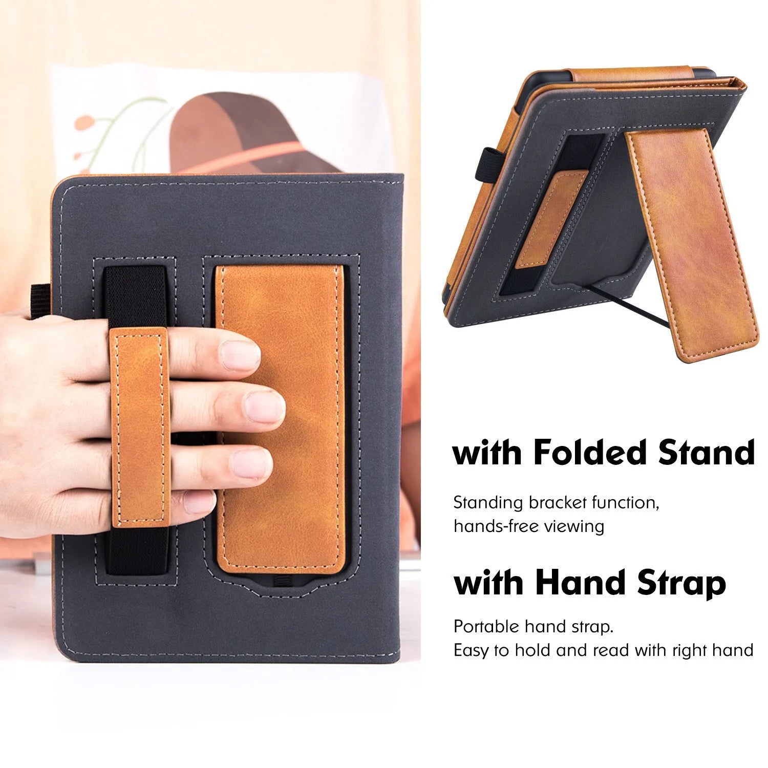 Calf leather Kindle Paperwhite11 case with wrist strap bracket and microfiber lining.