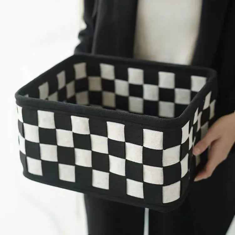 Grey checkerboard woven felt storage basket with folding design