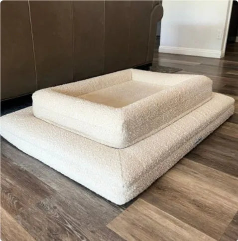 Rectangular pet sofa bed with thickened mattress in a living room setting, available in multiple sizes and colours