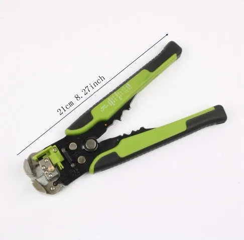 Yellow automatic cable wire stripper and crimping plier tool on a workbench.