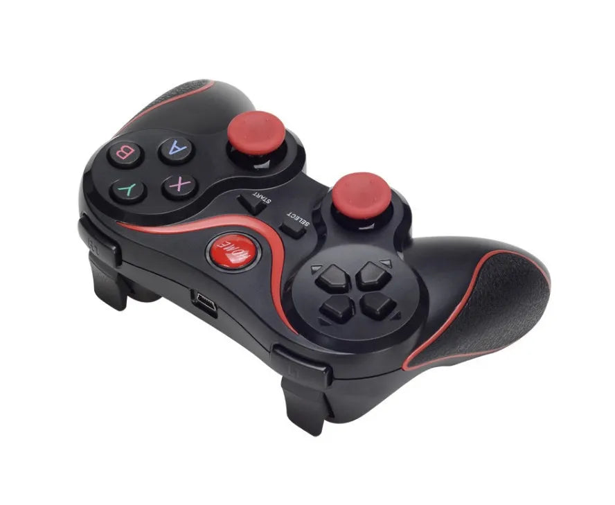 Black and white X3 version wireless Bluetooth game controller for Android phones with mobile phone clip.